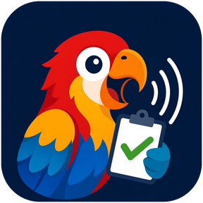 ParOkay logo: a red macaw holding a checked clipboard, with sound waves